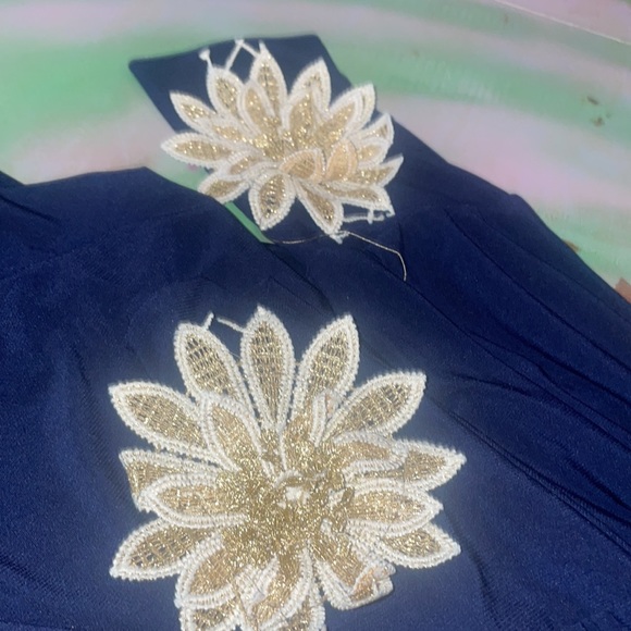 Navy Blue Women’s Leggings with Unique Gold Floral Ankle Detail - Picture 3 of 4